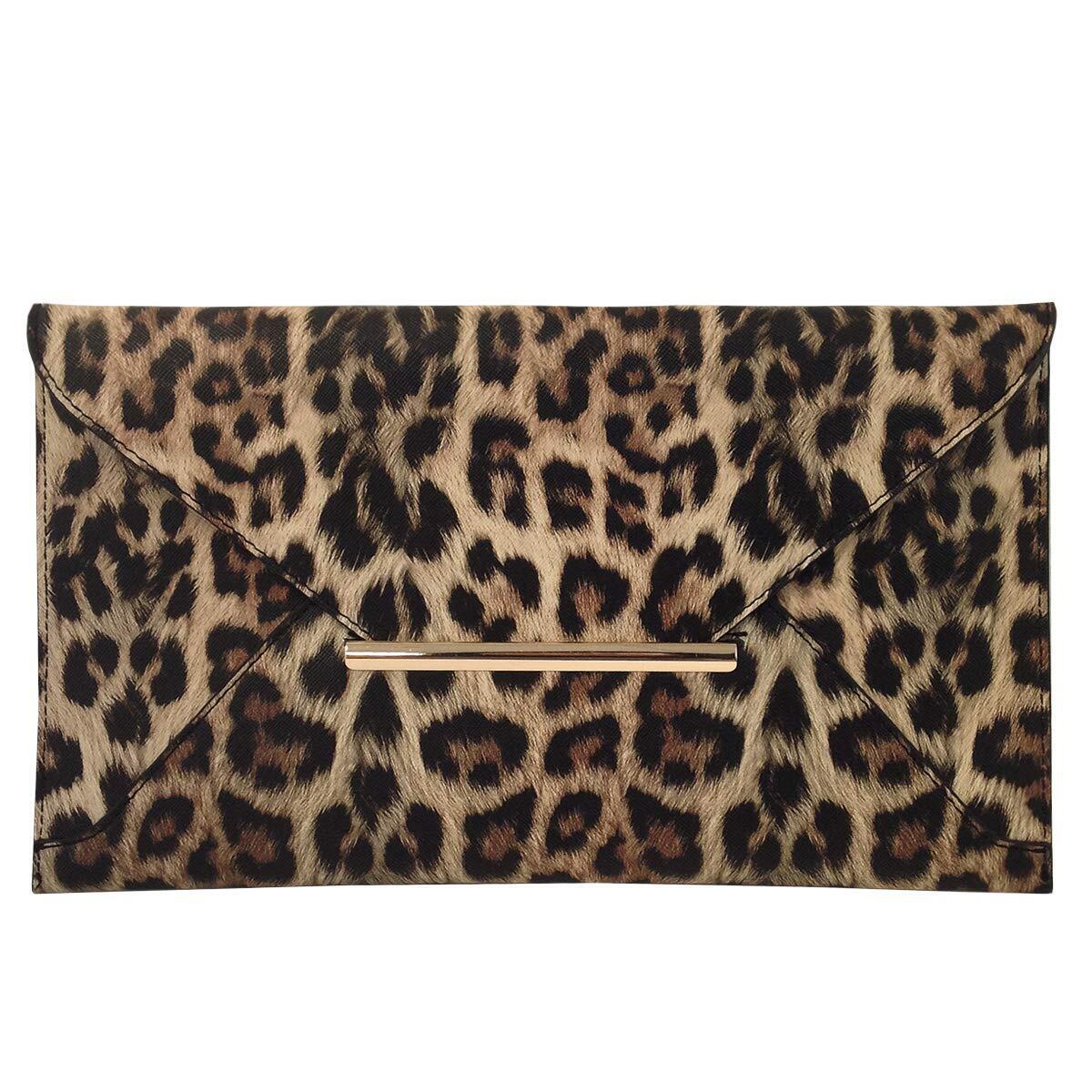 3039 Leopard Print Envelope Clutch In Synthetic Leather, Flat Profile, Gold